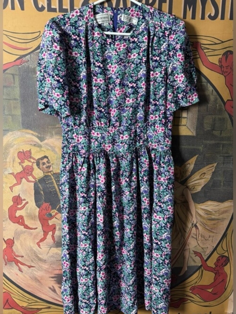 Vintage Karin Stevens Floral Midi Dress Cottagecore Puff Sleeve Purple Pink